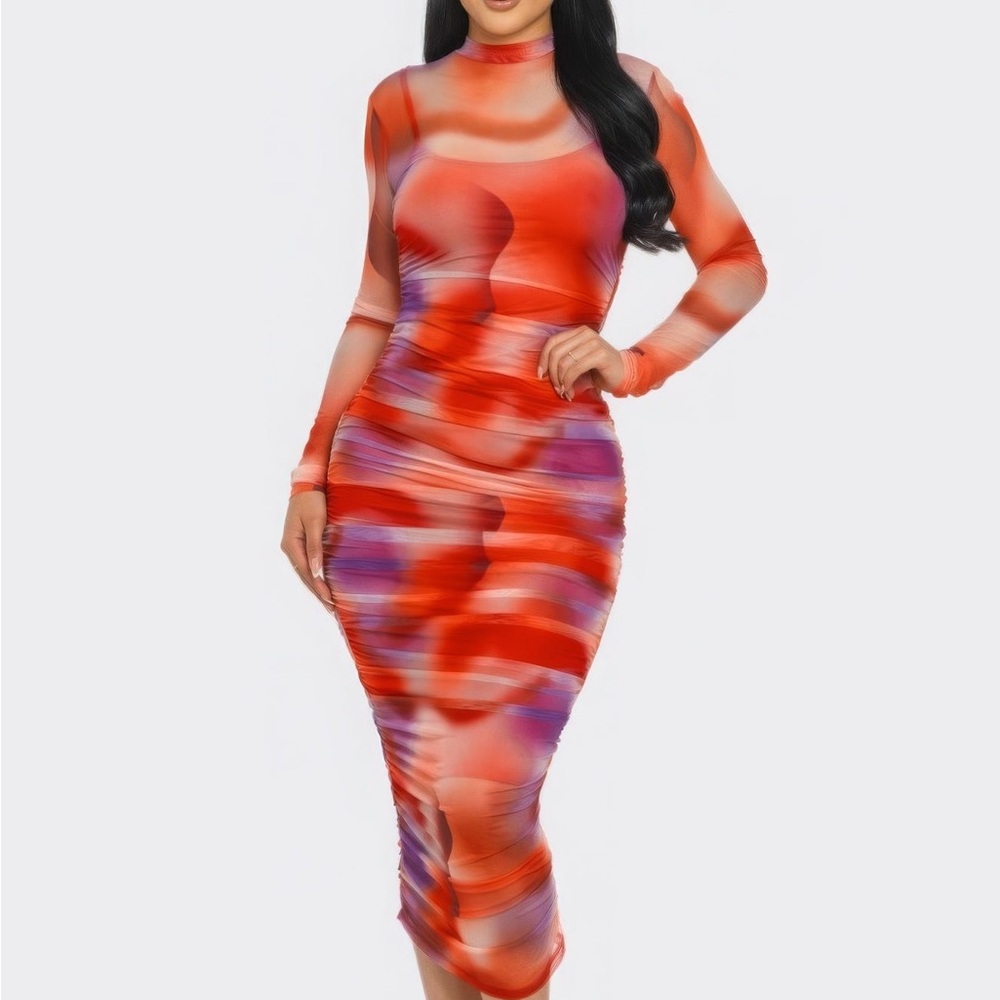 Summer Heat Mesh Ruched Midi Dress